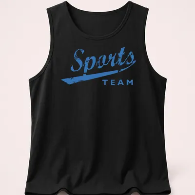 Distressed retro Sports Team t-shirt featuring blue and white colors with team text — printed on a tank top