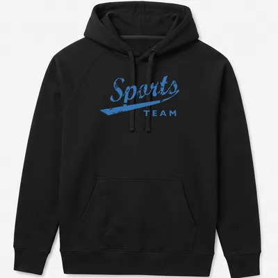 Distressed retro Sports Team t-shirt featuring blue and white colors with team text — printed on a unisex hoodie