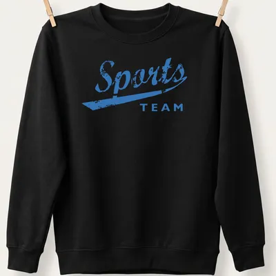 Distressed retro Sports Team t-shirt featuring blue and white colors with team text — printed on a unisex sweatshirt