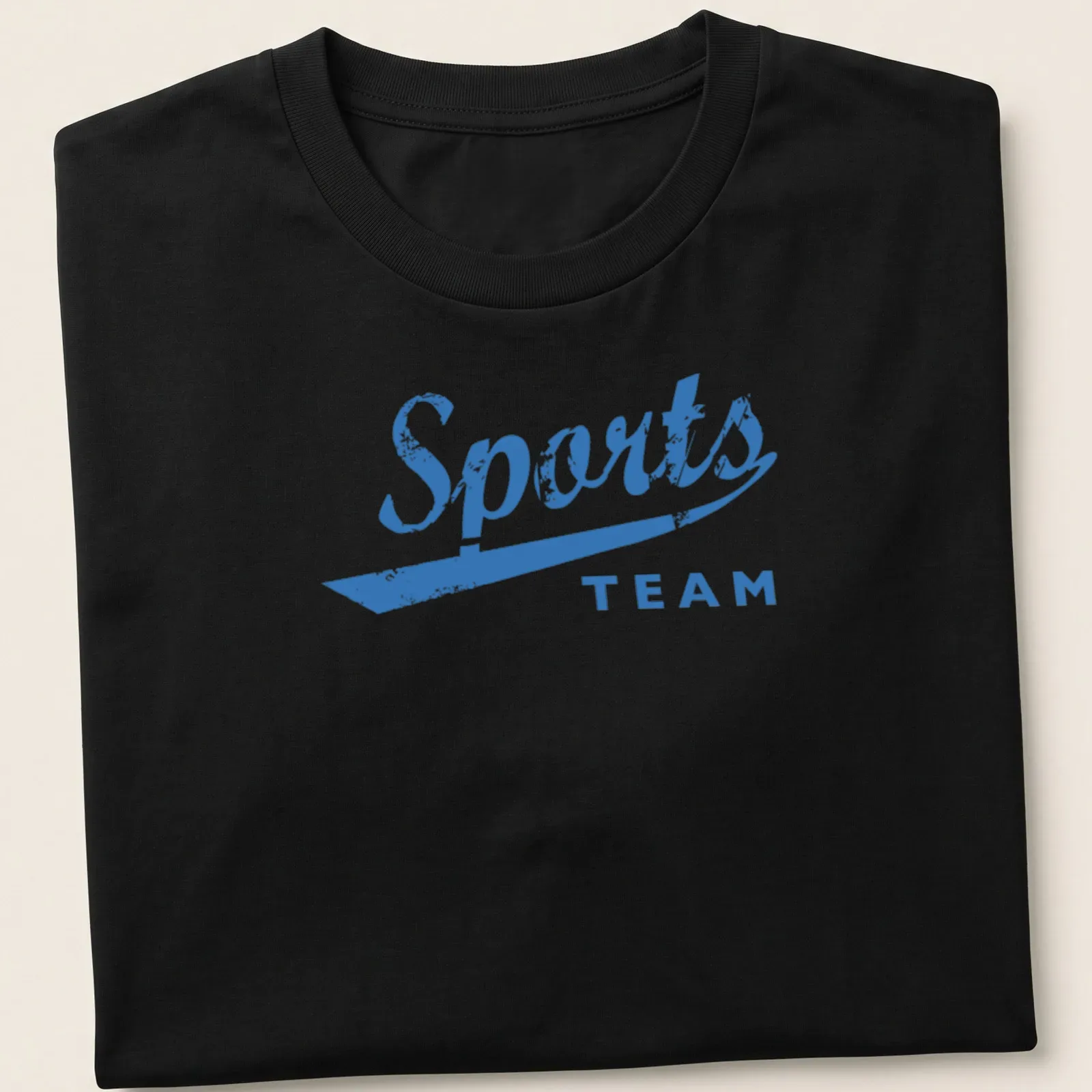 Distressed retro Sports Team t-shirt featuring blue and white colors with team text — printed on a unisex t-shirt