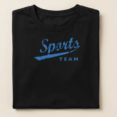 Distressed retro Sports Team t-shirt featuring blue and white colors with team text — printed on a women's shirt