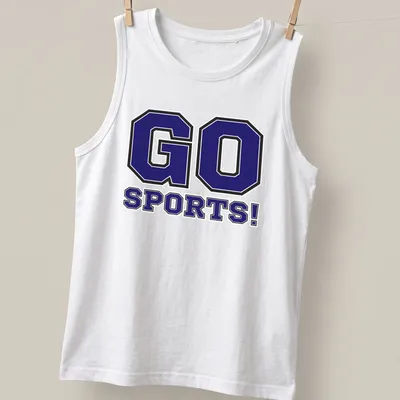 Bold collegiate sports tee featuring the text GO SPORTS! in purple and black — printed on a tank top
