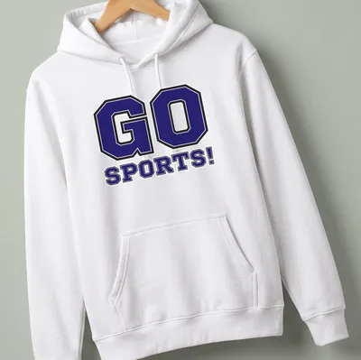 Bold collegiate sports tee featuring the text GO SPORTS! in purple and black — printed on a unisex hoodie