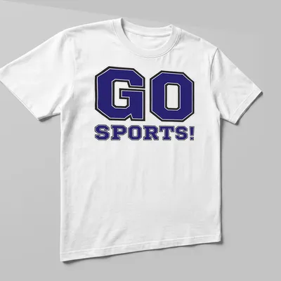 Bold collegiate sports tee featuring the text GO SPORTS! in purple and black — printed on a unisex t-shirt (angled view)