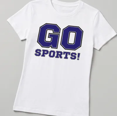 Bold collegiate sports tee featuring the text GO SPORTS! in purple and black — printed on a women's shirt