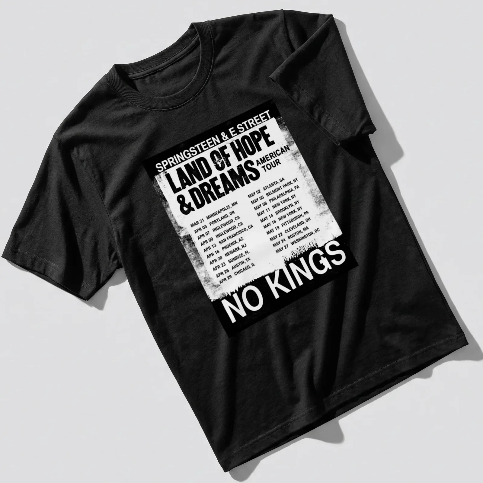 Vintage distressed t-shirt featuring Bruce Springsteen and E Street Band concert dates — printed on a unisex t-shirt