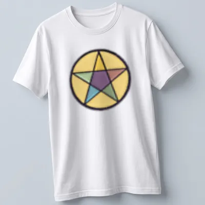Colorful flat design stained glass star graphic on t-shirt