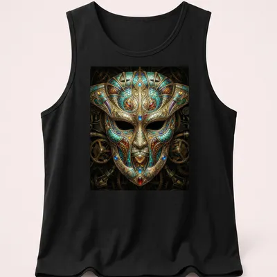 Intricate clockwork design of a Steampunk Venetian mask in rich colors — printed on a tank top