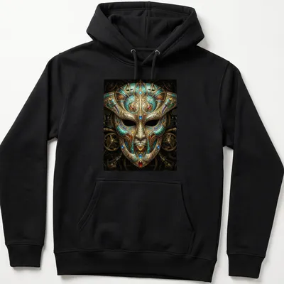 Intricate clockwork design of a Steampunk Venetian mask in rich colors — printed on a unisex hoodie