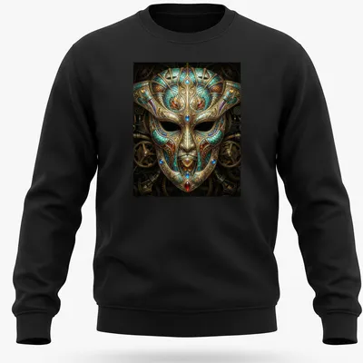 Intricate clockwork design of a Steampunk Venetian mask in rich colors — printed on a unisex sweatshirt