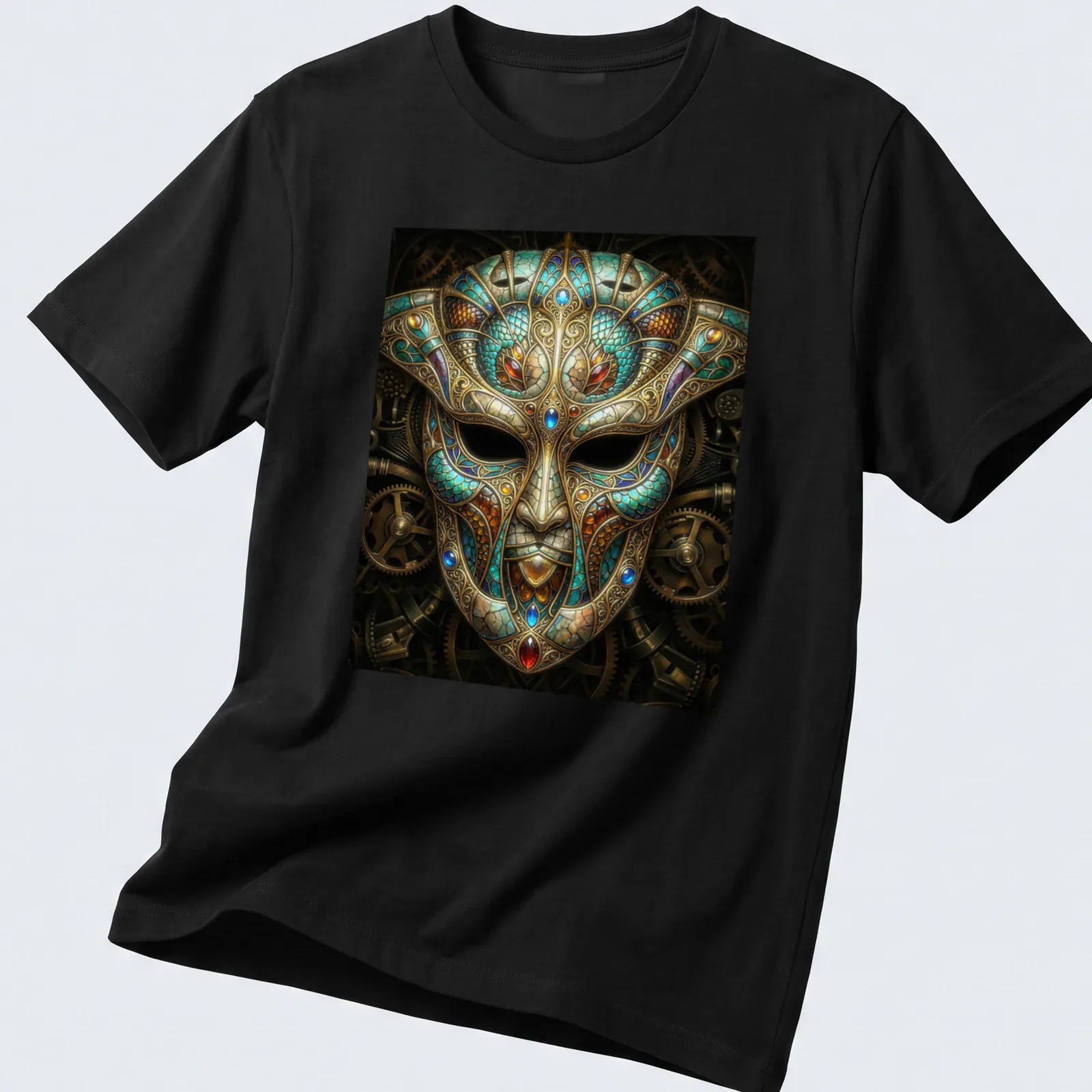 Intricate clockwork design of a Steampunk Venetian mask in rich colors — printed on a unisex t-shirt