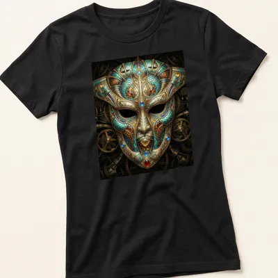 Intricate clockwork design of a Steampunk Venetian mask in rich colors — printed on a women's shirt