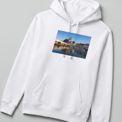 Photographic print of Stone Bridge and a river scene in Regensburg — printed on a unisex hoodie