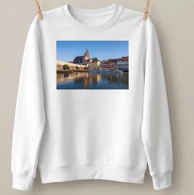 Photographic print of Stone Bridge and a river scene in Regensburg — printed on a unisex sweatshirt