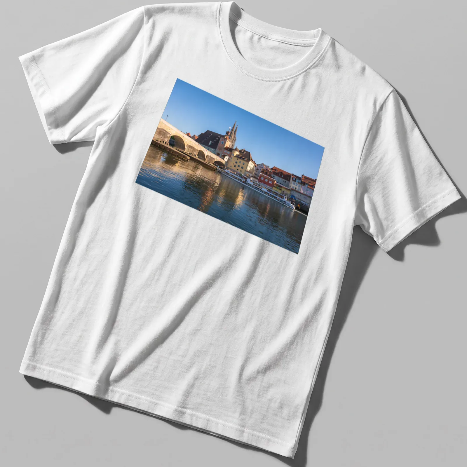 Photographic print of Stone Bridge and a river scene in Regensburg — printed on a unisex t-shirt