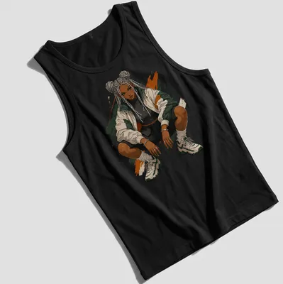 Stylized illustration of a female streetwear character with vibrant colors — printed on a tank top