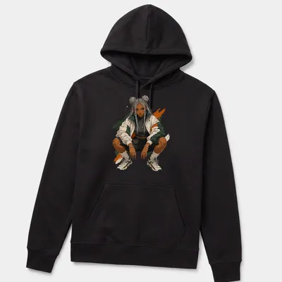 Stylized illustration of a female streetwear character with vibrant colors — printed on a unisex hoodie