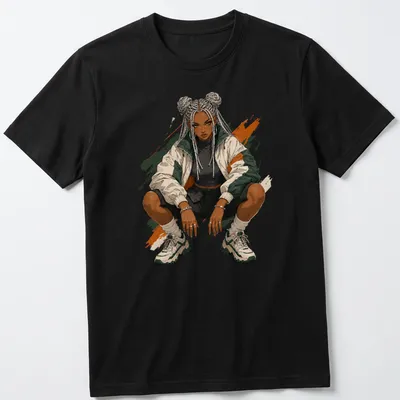 Stylized illustration of a female streetwear character with vibrant colors