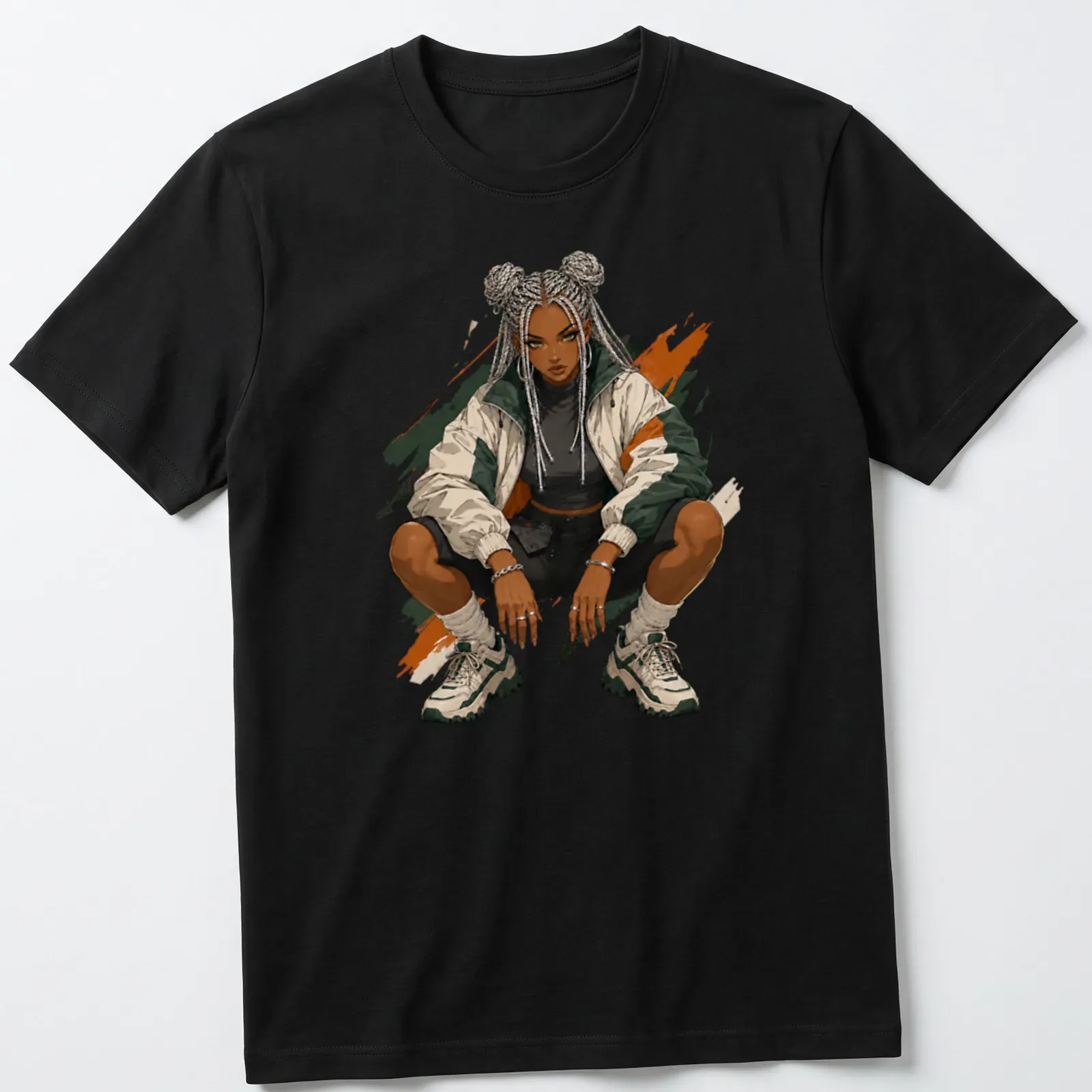 Stylized illustration of a female streetwear character with vibrant colors — printed on a unisex t-shirt