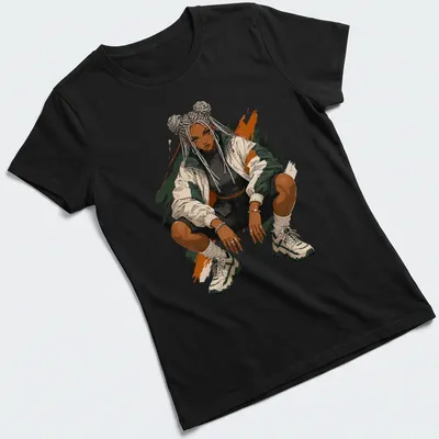 Stylized illustration of a female streetwear character with vibrant colors — printed on a women's shirt