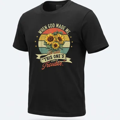 Vintage distressed T-shirt with sunflower bouquet and amusing slogan.