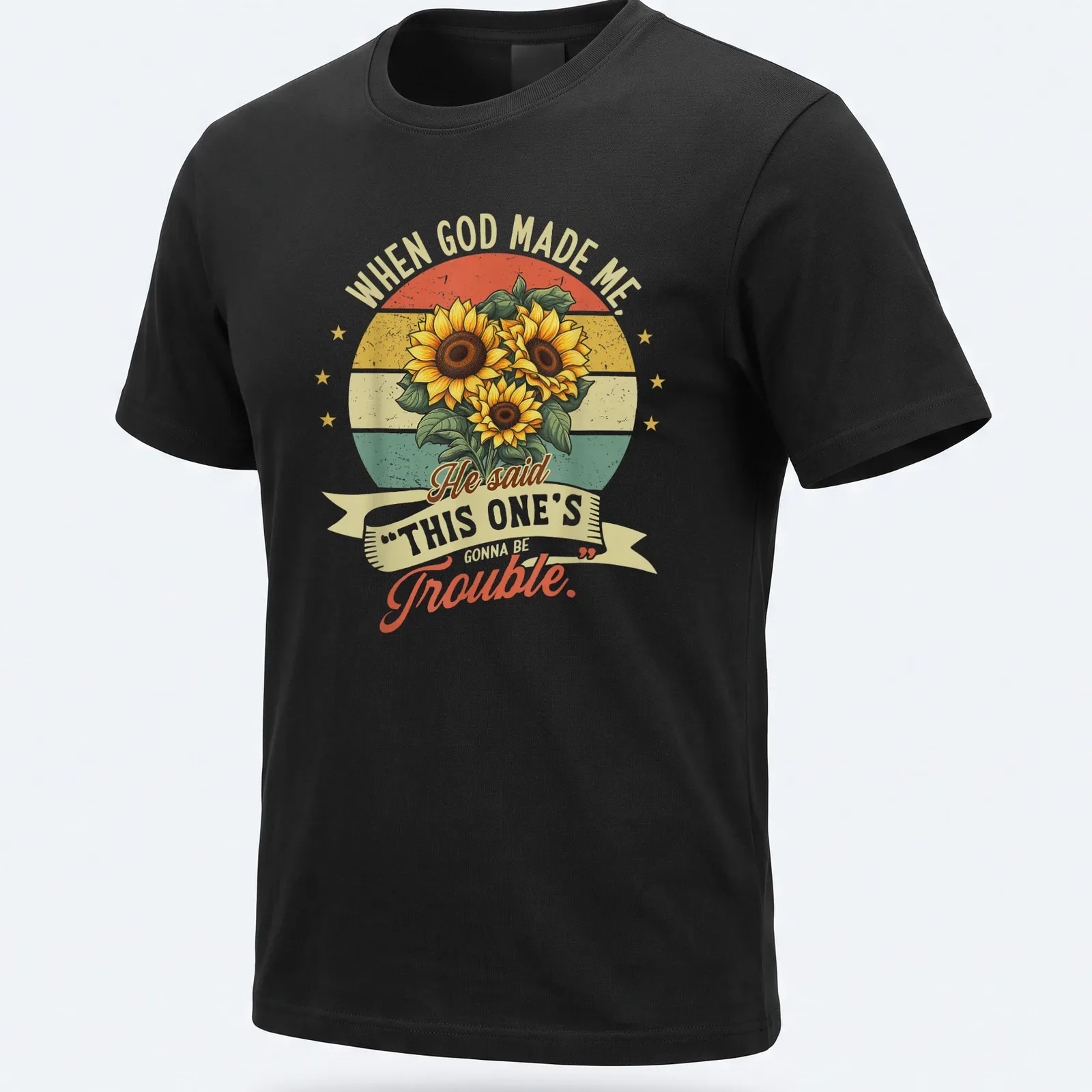 Vintage distressed T-shirt with sunflower bouquet and amusing slogan. — printed on a unisex t-shirt