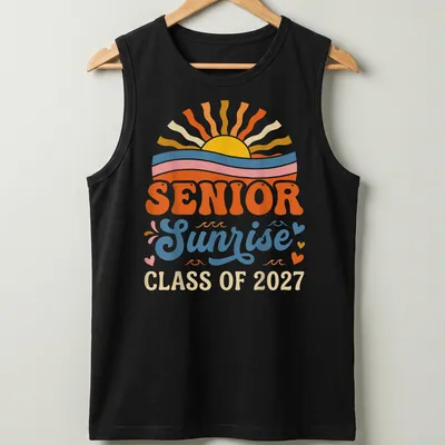 Retro sunrise graphic with text for Senior Class of 2027 — printed on a tank top