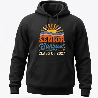 Retro sunrise graphic with text for Senior Class of 2027 — printed on a unisex hoodie
