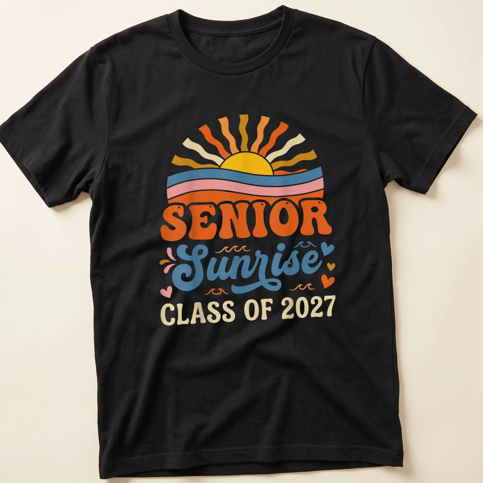 Retro sunrise graphic with text for Senior Class of 2027 — printed on a unisex t-shirt