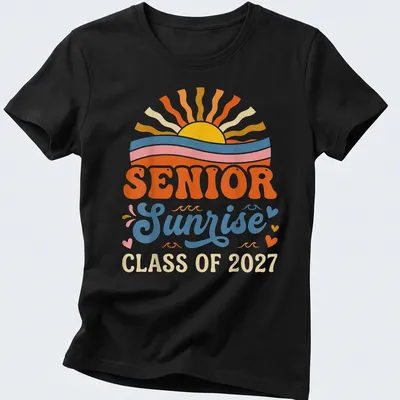 Retro sunrise graphic with text for Senior Class of 2027 — printed on a women's shirt