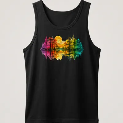 Watercolor illustration of swamp cypress trees under a full moon, with vibrant colors — printed on a tank top