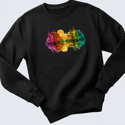 Watercolor illustration of swamp cypress trees under a full moon, with vibrant colors — printed on a unisex sweatshirt