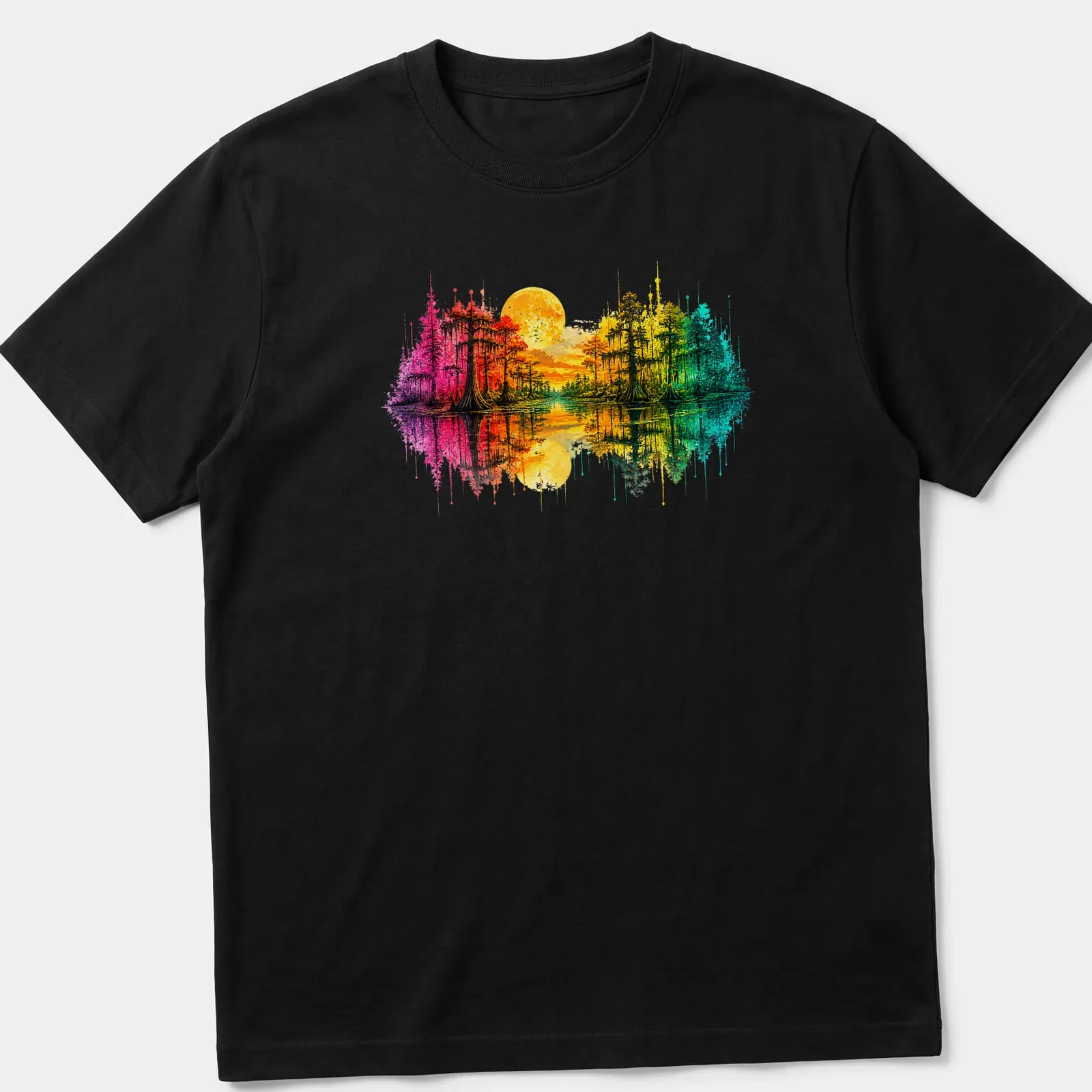 Watercolor illustration of swamp cypress trees under a full moon, with vibrant colors — printed on a unisex t-shirt