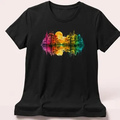 Watercolor illustration of swamp cypress trees under a full moon, with vibrant colors — printed on a women's shirt