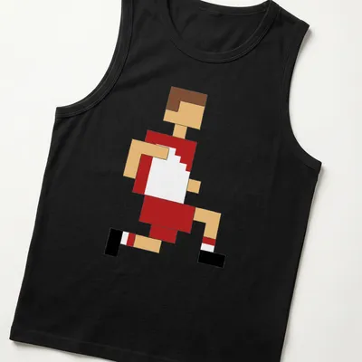 Pixel art illustration of a footballer in motion, featuring vibrant colors — printed on a tank top