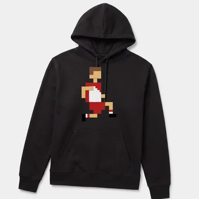 Pixel art illustration of a footballer in motion, featuring vibrant colors — printed on a unisex hoodie