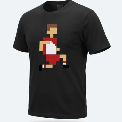 Pixel art illustration of a footballer in motion, featuring vibrant colors
