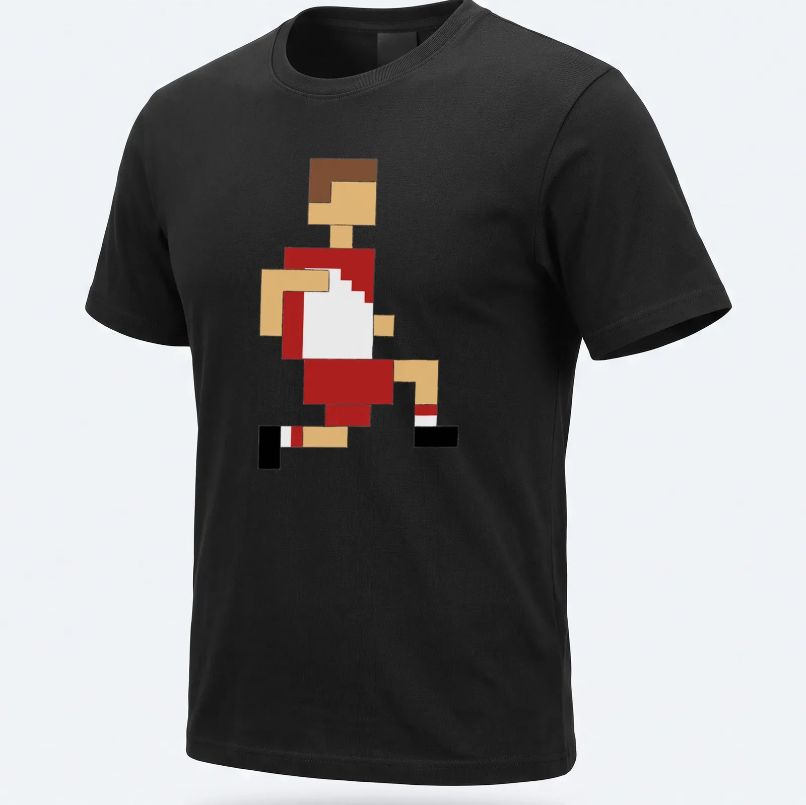 Pixel art illustration of a footballer in motion, featuring vibrant colors — printed on a unisex t-shirt