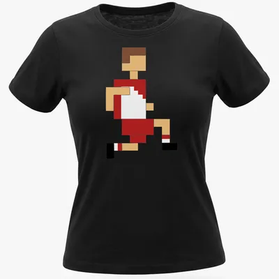 Pixel art illustration of a footballer in motion, featuring vibrant colors — printed on a women's shirt