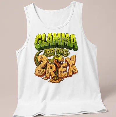 Colorful cartoon T-Rex with the text Glamma Of The 2 Rex for a birthday boy — printed on a tank top