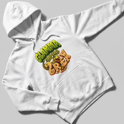 Colorful cartoon T-Rex with the text Glamma Of The 2 Rex for a birthday boy — printed on a unisex hoodie