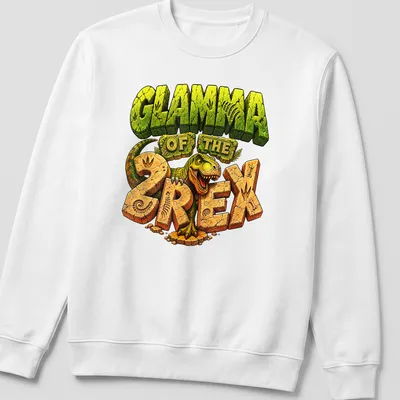 Colorful cartoon T-Rex with the text Glamma Of The 2 Rex for a birthday boy — printed on a unisex sweatshirt