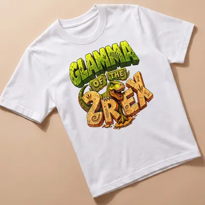 Colorful cartoon T-Rex with the text Glamma Of The 2 Rex for a birthday boy