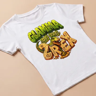 Colorful cartoon T-Rex with the text Glamma Of The 2 Rex for a birthday boy — printed on a women's shirt