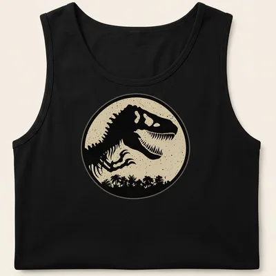 Silhouette of a T-Rex in black against a beige background on a sand t-shirt. — printed on a tank top