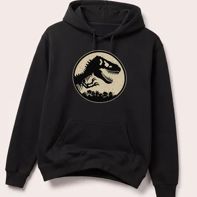 Silhouette of a T-Rex in black against a beige background on a sand t-shirt. — printed on a unisex hoodie
