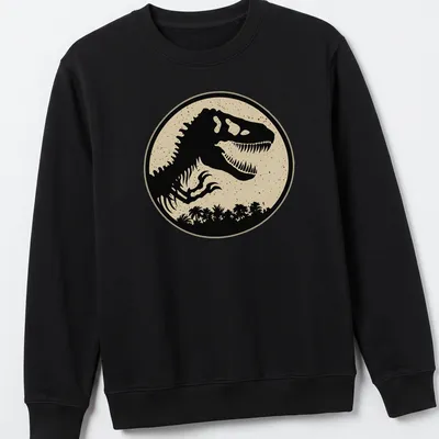 Silhouette of a T-Rex in black against a beige background on a sand t-shirt. — printed on a unisex sweatshirt