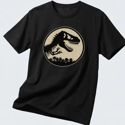 Silhouette of a T-Rex in black against a beige background on a sand t-shirt.