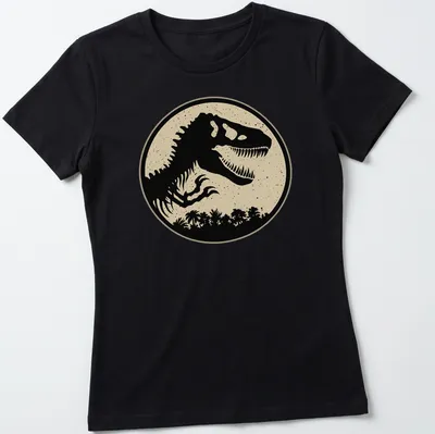 Silhouette of a T-Rex in black against a beige background on a sand t-shirt. — printed on a women's shirt