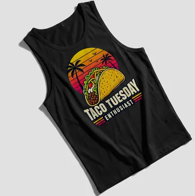 Retro sunset Taco Tuesday Enthusiast t-shirt featuring a cheerful taco illustration — printed on a tank top